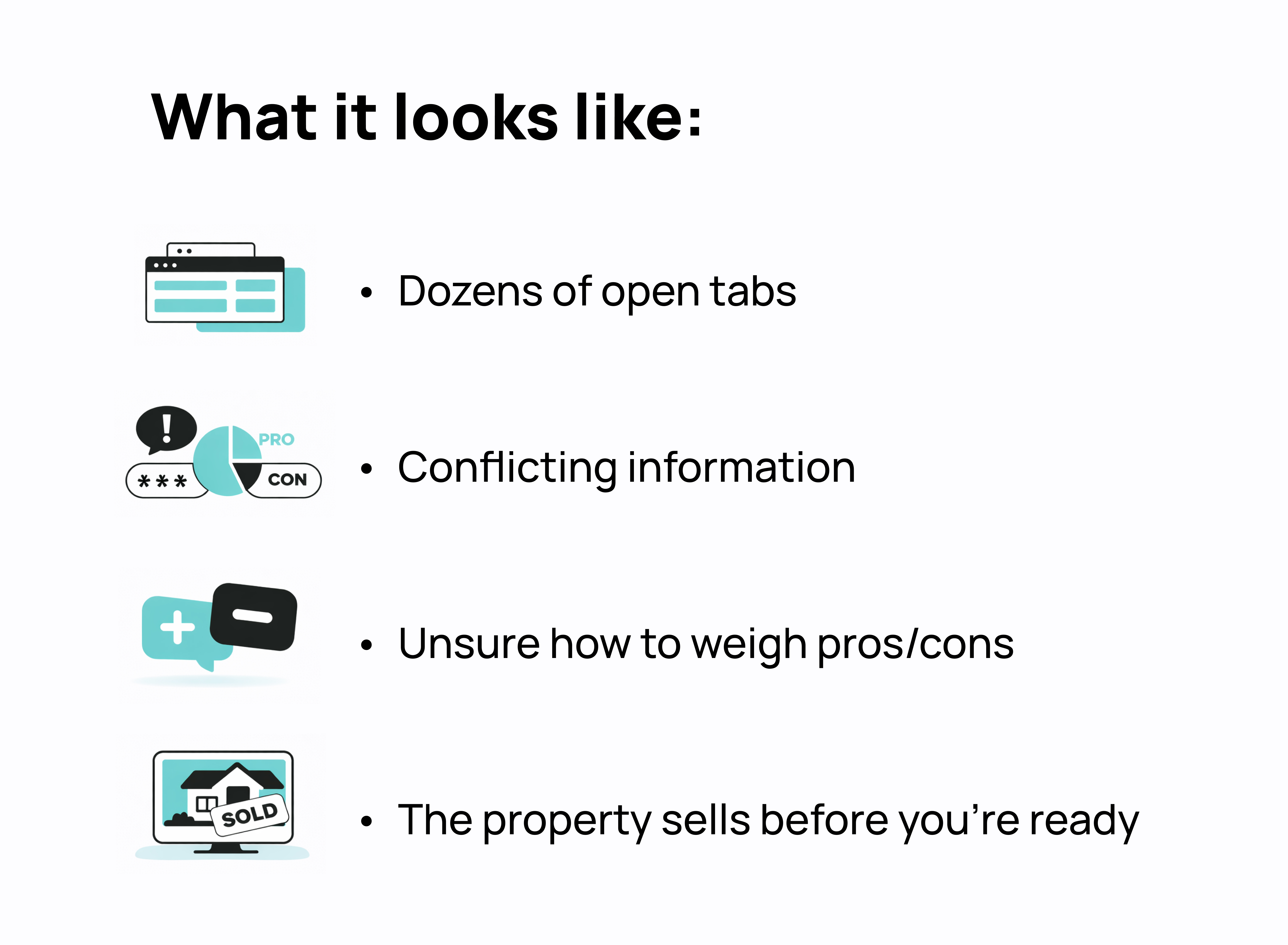 Illustration of decision paralysis for property buyers with scattered research, conflicting information and delayed purchase decisions