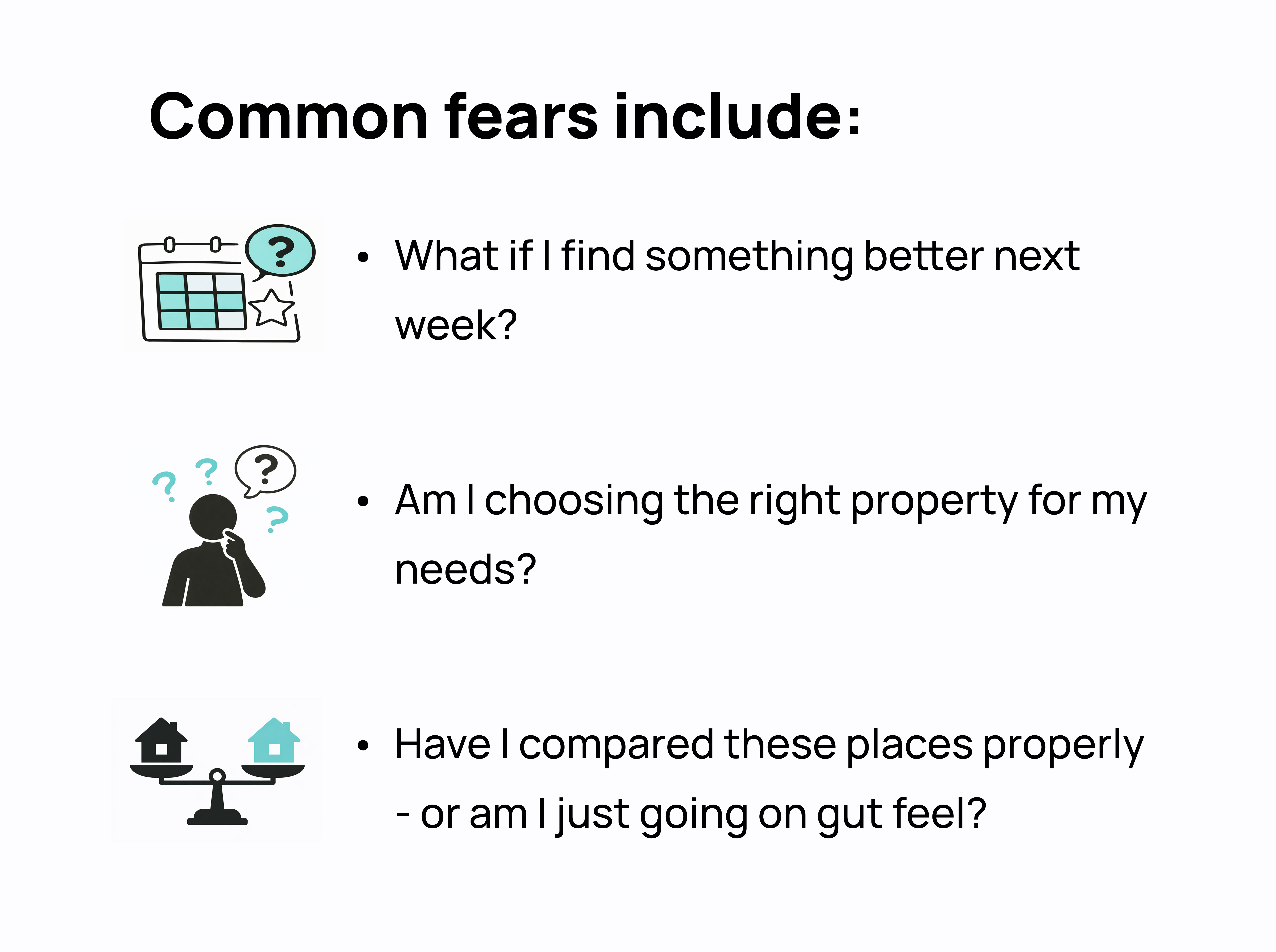 Common emotional barriers for home buyers, including fear of choosing the wrong property and comparison uncertainty