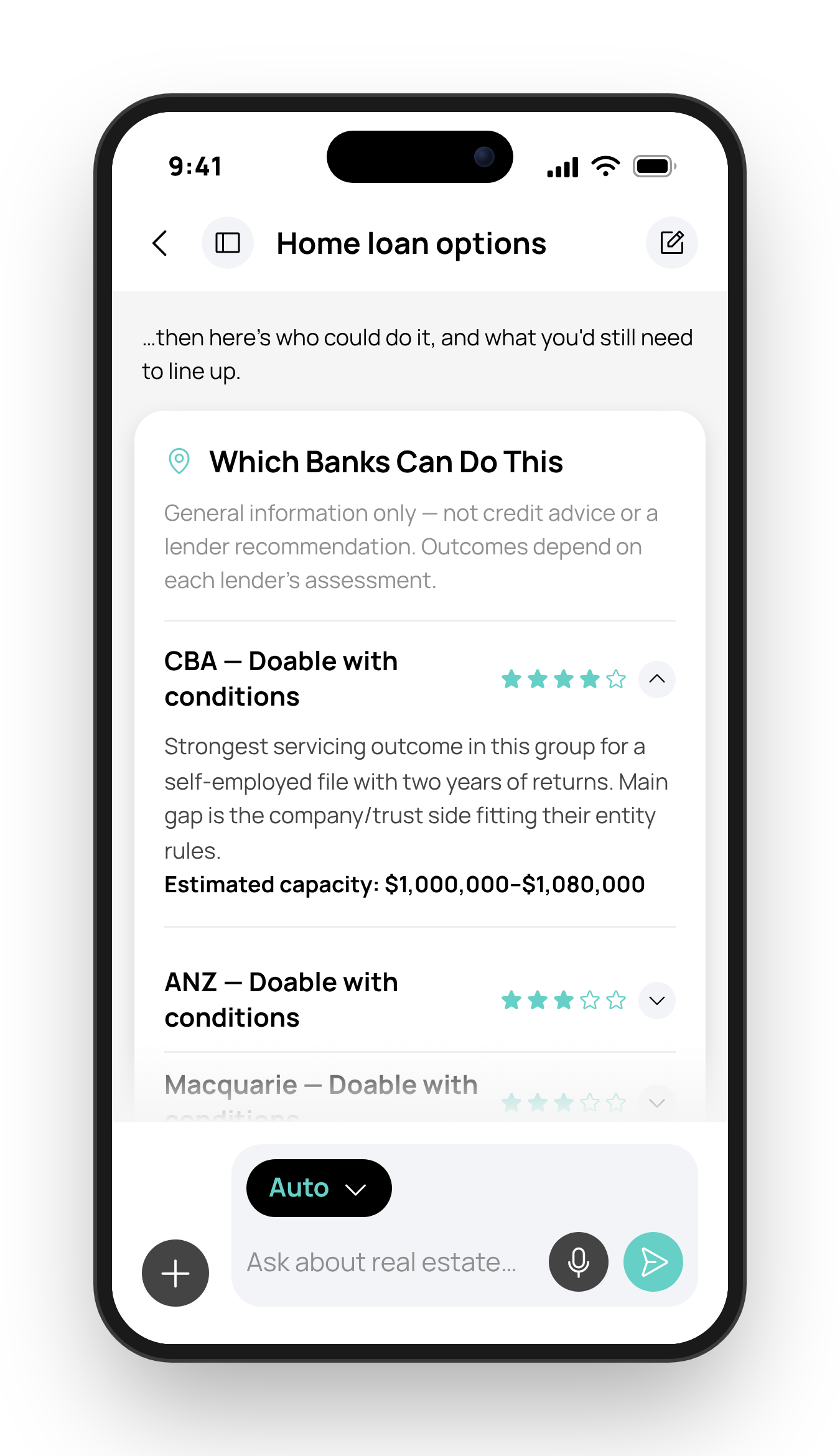 knest.ai app showing which banks can do this — Bank Match results in the chat