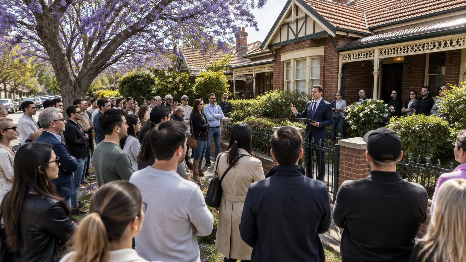 A crowd of buyers at a Saturday on-site auction outside a Sydney house