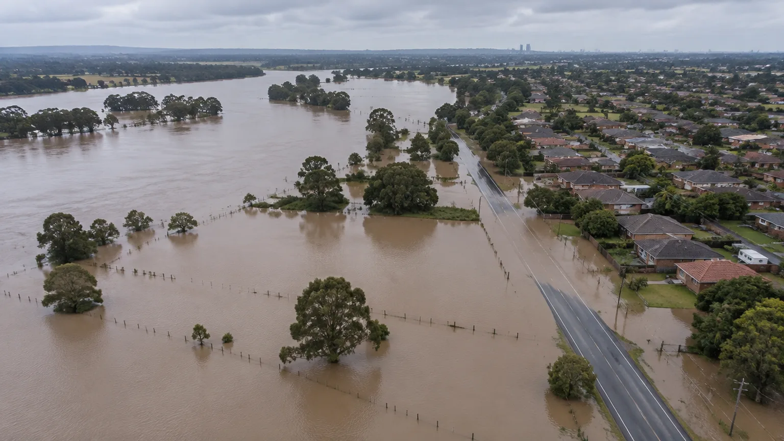 Aerial view of floodwater spreading across paddocks to the edge of a Sydney suburb